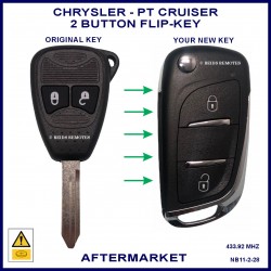 Image shows an original Chrysler PT Cruiser remote key on the left and this aftermarket flip key on the right