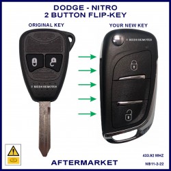 Image shows an original Dodge Nitro KA remote key on the left and this aftermarket flip key on the right