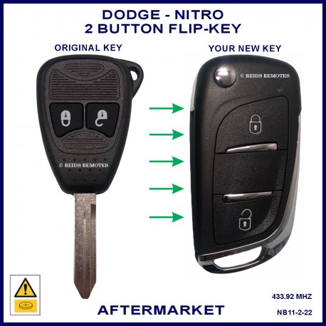 Image shows an original Dodge Nitro KA remote key on the left and this aftermarket flip key on the right