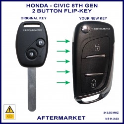 Image shows an original Honda Civic 8th gen remote key on the left and this aftermarket flip key on the right