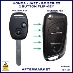 Image shows an original Honda Jazz GE series remote key on the left and this aftermarket flip key on the right