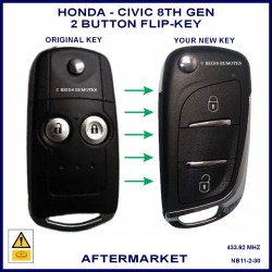 Image shows an original Honda Civic flip key on the left and this aftermarket flip key on the right