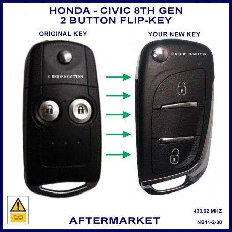 Image shows an original Honda Civic flip key on the left and this aftermarket flip key on the right