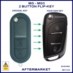 Image shows an original MG3 flip key on the left and this aftermarket flip key on the right