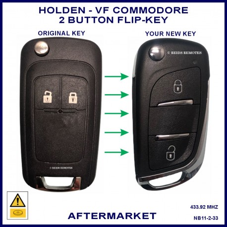 Image shows a genuine Holden VF Commodore key on the left and this aftermarket flip key on the right
