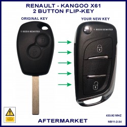 Image shows an original Renault Kangoo remote key on the left and this aftermarket flip key on the right