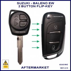 Image shows an original Suzuki Baleno remote key on the left and this aftermarket flip key on the right