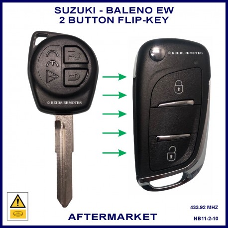 Image shows an original Suzuki Baleno remote key on the left and this aftermarket flip key on the right