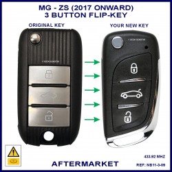 Image shows the front of an original MG ZS key on the left and the back of this aftermarket key on the right.