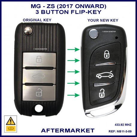 Image shows the front of an original MG ZS key on the left and the back of this aftermarket key on the right.