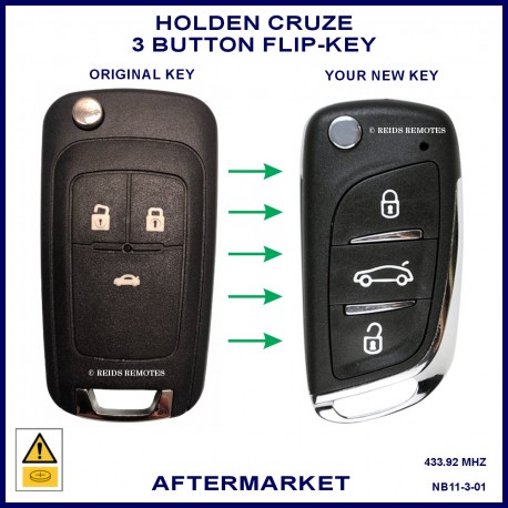 Image shows an original Holden Cruze key on the left and the key you will get on the right