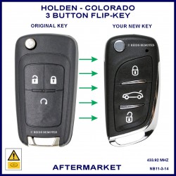 Image shows an original Holden Colorado RG flip key on the left and this aftermarket flip key on the right