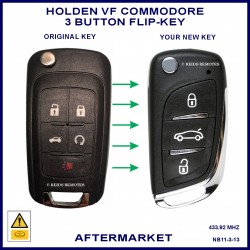 Image shows an original VF Commodore 5 button flip key on the left and this aftermarket flip key on the right