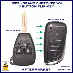 Image shows direct size comparrison of OEM Jeep Grand Cherokee WH remote key and this aftermarket flip key
