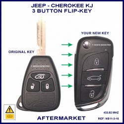 Image shows direct size comparrison of OEM Jeep Cherokee KJ remote key and this aftermarket flip key
