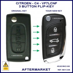 Image shows an original Citroen C4 flip key on the left and this aftermarket flip key on the right