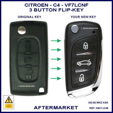 Image shows an original Citroen C4 flip key on the left and this aftermarket flip key on the right