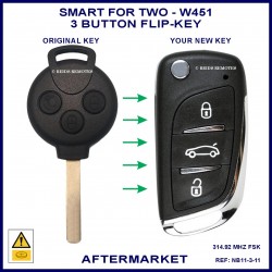 Image shows an original SMART ForTwo W451 remote key on the left and this aftermarket flip key on the right