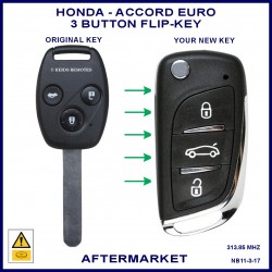 Image shows an original Honda Accord Euro 8th Gen remote key on the left and this aftermarket flip key on the right