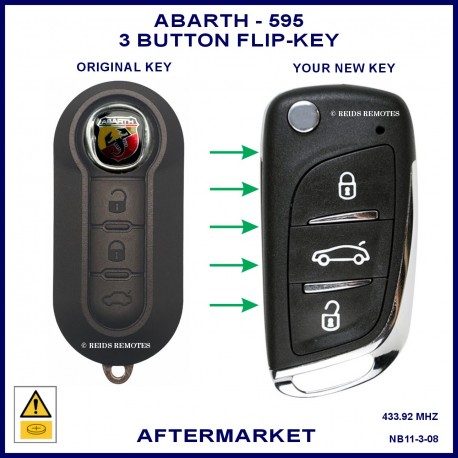 	Image shows an original Abarth 595 flip key on the left and this aftermarket flip key on the right