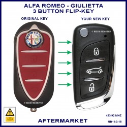 Image shows an original Alfa Romeo Giulietta flip key on the left and this aftermarket flip key on the right