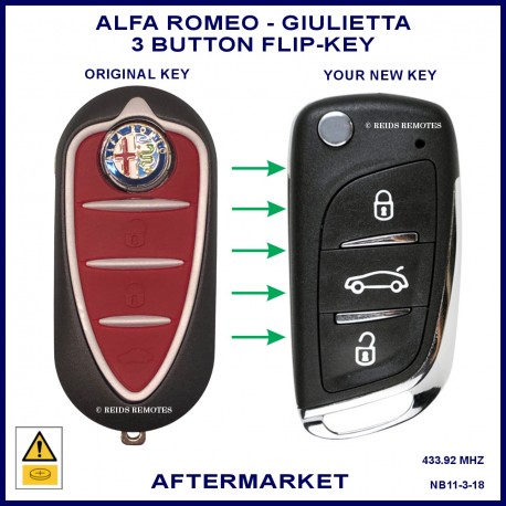 Image shows an original Alfa Romeo Giulietta flip key on the left and this aftermarket flip key on the right