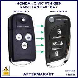 Image shows an original Honda Civic 8th gen flip key on the left and this aftermarket flip key on the right