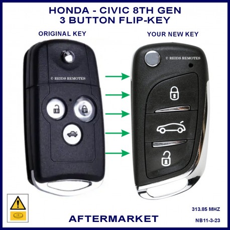 Image shows an original Honda Civic 8th gen flip key on the left and this aftermarket flip key on the right