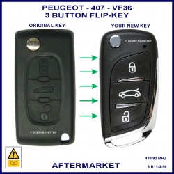 Image shows an original Peugeot 407 VF36 series flip key on the left and this aftermarket flip key on the right
