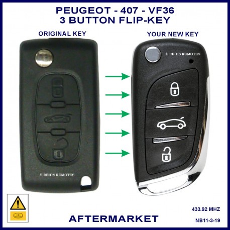 Image shows an original Peugeot 407 VF36 series flip key on the left and this aftermarket flip key on the right