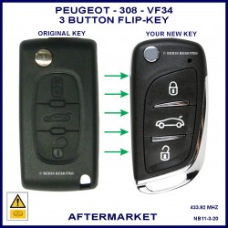 Image shows an original Peugeot 308 flip key on the left and this aftermarket flip key on the right