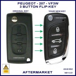 Image shows an original Peugeot 207 flip key on the left and this aftermarket flip key on the right