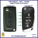 Peugeot 207 VF3W 2006 - 2012 compatible 3 button flip key