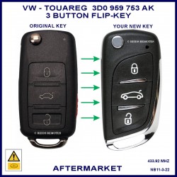 Image shows an original VW Touareg 7L flip key on the left and this aftermarket flip key on the right