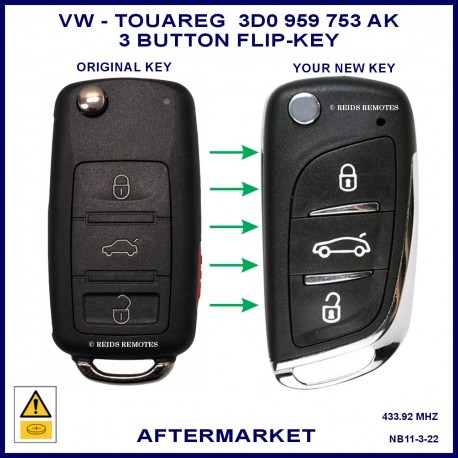 Image shows an original VW Touareg 7L flip key on the left and this aftermarket flip key on the right