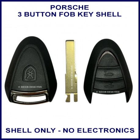 Image shows an external close up view of both the front and back sections of this Porsche key shell