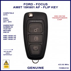 Ford Focus 2011 - 2018 AM5T 15K601 -AF 3 button flip key 433MHZ - ID63 4D DST40