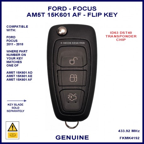 Ford Focus 2011 - 2018 AM5T 15K601 -AF 3 button flip key 433MHZ - ID63 4D DST40