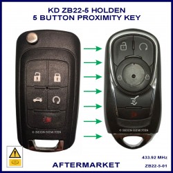 Image shows an original Holden VF Commodore key on the  left and this replacement key on the right