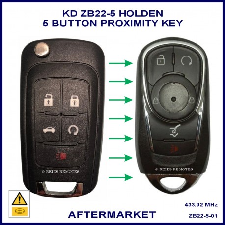 Image shows an original Holden VF Commodore key on the  left and this replacement key on the right