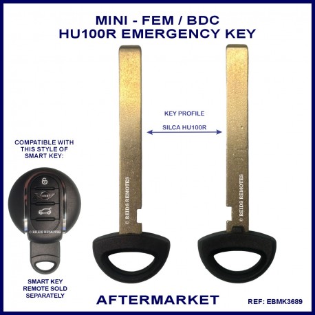 Mini Cooper HU100R emergency key blade for use in FEM smart key 2014-2018