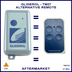 	Image shows the original Gliderol TM-27 remote on the left and this aftermarket remote on the right