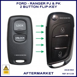 Image shows a genuine Ford remote ont he left and this aftermarket flip key on the right