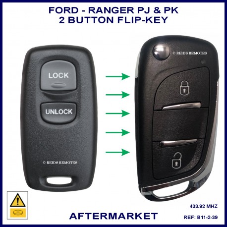 Image shows a genuine Ford remote ont he left and this aftermarket flip key on the right