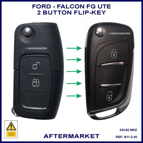 Image shows a genuine Ford Falcon FG Ute key on the left and this aftermarket key on the right