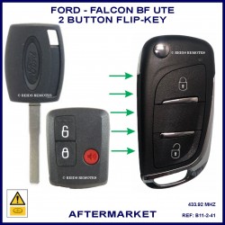 Image shows a genuine Ford BF Falcon Ute remote and key on the left and this flip key on the right