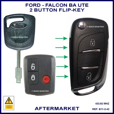 Image shows a genuine Ford BA Falcon Ute remote and key on the left and this flip key on the right