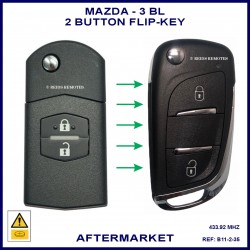 Image shows a genuine Mazda 3 BL flip key on the left and this aftermarket flip key you will receive on the right