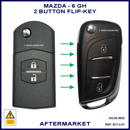 Image shows a genuine Mazda 6 GH flip key on the left and this aftermarket flip key you will receive on the right