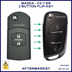 Image shows a genuine Mazda CX-7 ER flip key on the left and this aftermarket flip key you will receive on the right